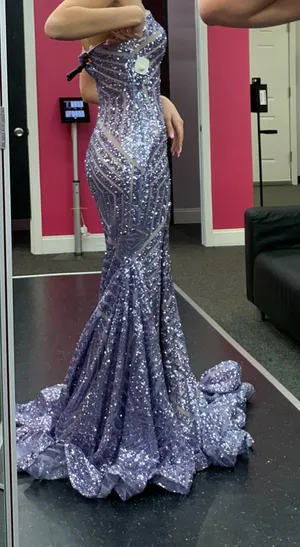 Jovani Chevron Sequin Strapless High Slit Gown thumbnail 1