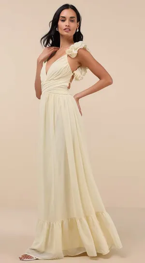 NWT Lulus Soiree Celebration Light Yellow Ruffled Lace-Up Maxi Dress Tiered Sz L thumbnail 1