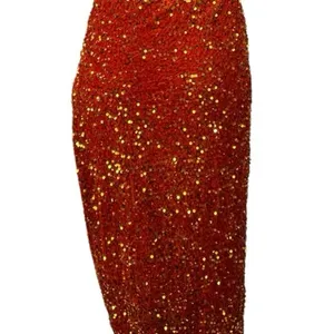 Women's Orange Sequin One Shoulder Slit Evening Gown Maxi Tank Bodycon Dress M thumbnail 3