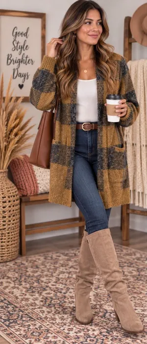 Cyrus Mustard and Charcoal Plaid Open-Front Cardigan thumbnail 1