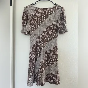 Aster women’s dress brown white floral checkered design artsy pockets‎ medium thumbnail 2
