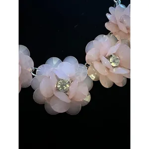 Elegant Pastel Pink Floral Blossom Crystal Statement Necklace silver Adjustable thumbnail 7