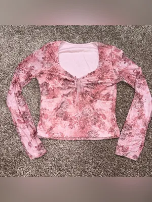 Y2K Pink Floral Mesh Long Sleeve Top Medium M tie Crop thumbnail 8