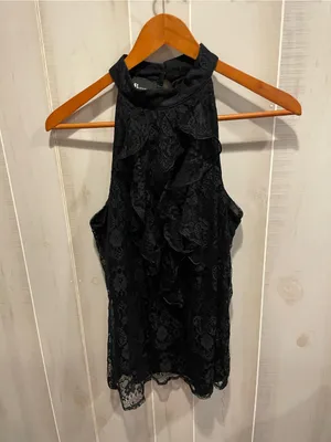 Cute Y2K lace ruffle high neck sleeveless top lined AB Studio whimsigoth tuxedo thumbnail 3