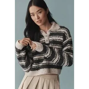 Maeve‎ Anthropologie Striped Polo Sweater Grey Cream Rhinestone Buttons sz L thumbnail 2
