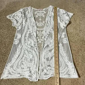 Pixley White Floral Lace Mesh Open Front Cardigan Fairycore Shrug S SFT2008‎ thumbnail 2
