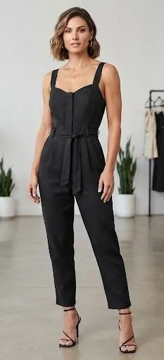 Nine West Womens Black Sweetheart Neckline Smocked Back Jumpsuit XL Tapered Leg thumbnail 1