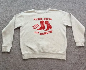 Women’s Western Cowboy Boots Dancing Crewneck Sweatshirt Oatmeal Red Size M thumbnail 1