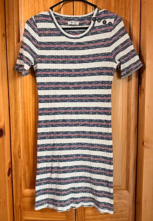 Madewell Lawton Stripe Rib Knit Sheath Mini Dress Medium M Button Shoulder thumbnail 1