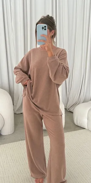 Mauve Striped Fleece Set Brown Size top is m/l : bottom is l/xl thumbnail 1