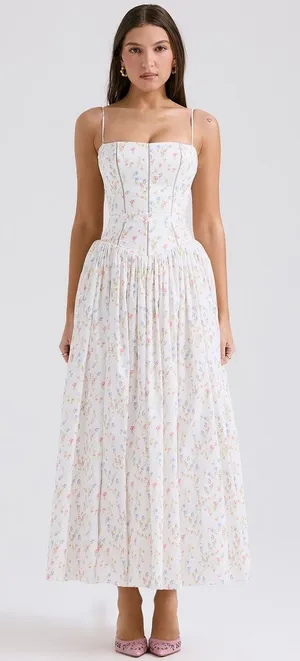 HOUSE OF CB Ysabella White Posy Print Cotton Maxi Sundress NEW Size XS thumbnail 1