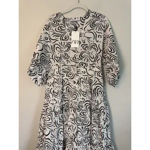 Zara Black and White cotton midi dress 3/4 sleeve sz Small NWT $70 thumbnail 3