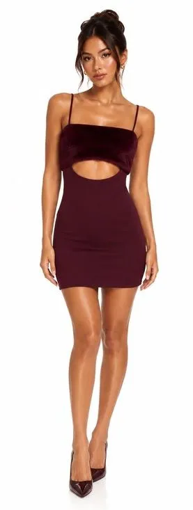Naked Wardrobe Burgundy Faux Fur Trim Mini Dress Sexy Date Night Club Prom Small thumbnail 1
