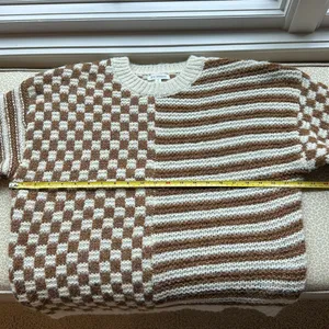 NWOT Blu Pepper Cream & Brown Checkerboard & Striped Sweater Sz S Puffed Sleeve thumbnail 10