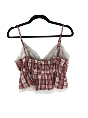 American Eagle Womens Babydoll Red & White Plaid Crop Top Cami Lace Trim Size M thumbnail 2
