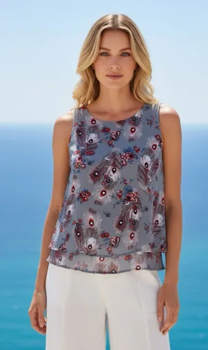 LOFT Outlet Gray Peacock Feather Tank Top Size SP (17” PTP) thumbnail 1