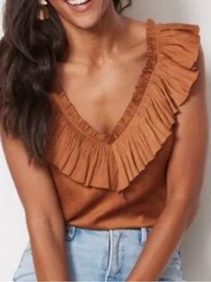 Evereve Dahlia Brown Bronze Ruffle Resortwear Boho Vacation Office Satin Tank M thumbnail 1