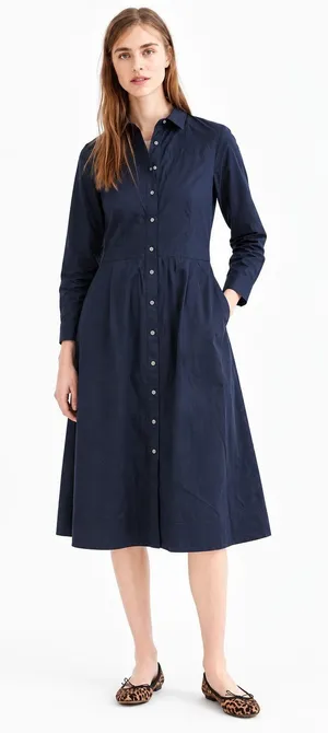 J.Crew Button Front Shirt Dress Womens 18 Navy Blue Cotton Poplin Midi Pockets thumbnail 1