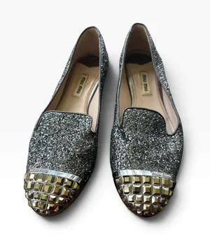 Miu Miu Silver Glitter Studded Toe Cap Smoking Slipper Loafers EU 37 US 7 5S8518 thumbnail 1