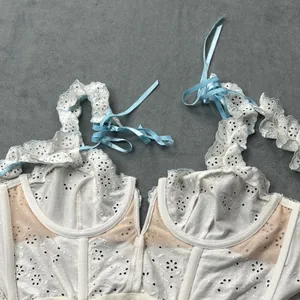 For Love & Lemons Eyelet Corset Top Size M White Blue Ribbon SKBR1513-SU21 thumbnail 7