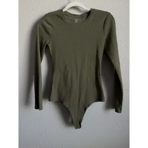 Nuuds Long Sleeve Cotton Jersey Crew Neck Thong Style Bodysuit Dark Olive Size M thumbnail 3