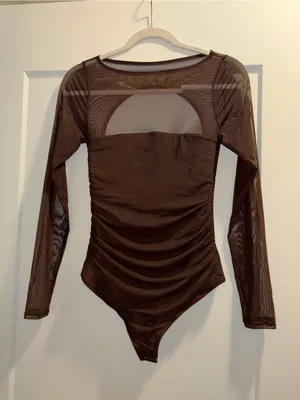 Abercrombie & Fitch Brown Sheer Long-Sleeve Ruched Bodysuit thumbnail 1