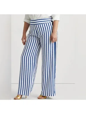 Lauren Ralph Lauren Striped Satin Wide Leg Trousers Nautical Blue White 18W thumbnail 3