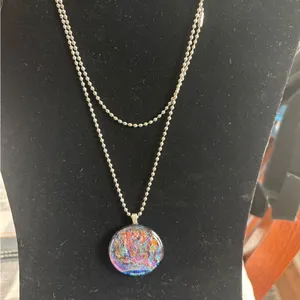 Preloved Long Silver tone ball Chain Necklace with Colorful Glass Pendant thumbnail 1