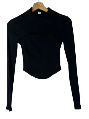 Topshop Black Mock Neck Ribbed Cut Out Bust Cropped Long Sleeve Top 4 thumbnail 1