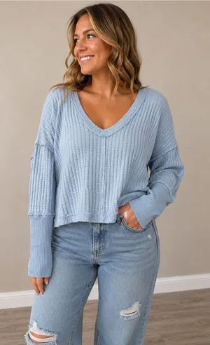 Free People Sky Blue Waffle V-Neck Long Sleeve Top thumbnail 1