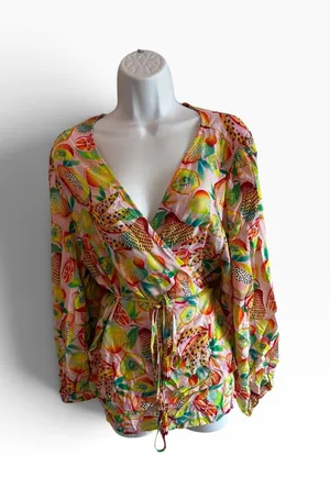 NWT Farm Rio Anthropologie Wrap Top XL Multi Tropical Fruit Beaded Tassel Summer thumbnail 1