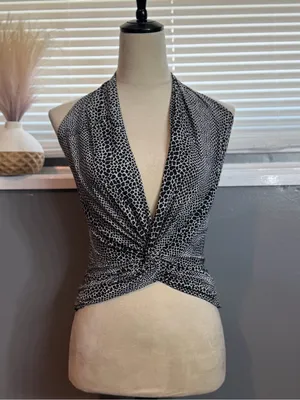 Y2KBlack White Animal Print Halter Twist Front Sleeveless Top Size M thumbnail 3