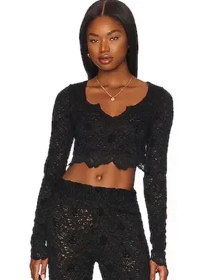 Free People Intimately Cloud Ride Floral Lace Long Sleeve Crop Top Black Large thumbnail 1