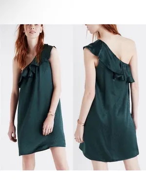 NWT Madewell Green Silk Polka Dot One Shoulder Dress Size 4 thumbnail 2