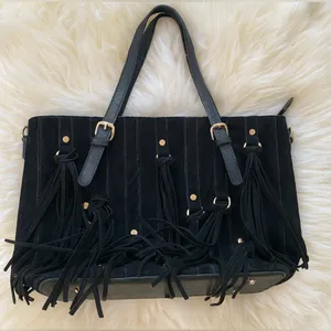 Womens Large Black Fringe Suede Embossed Studded Shoulder Bag Western Festival thumbnail 1