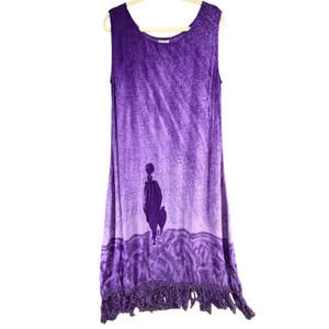 Vintage Magic Shift Dress Womens L Purple Abstract Print Fringe Hem Boho Artsy thumbnail 2