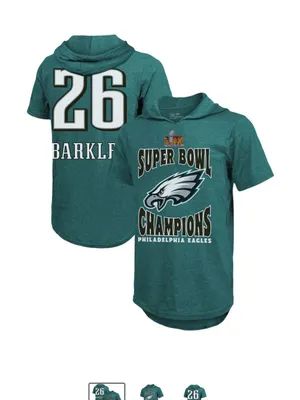 National Football League Team Apparel Men’s Philadelphia Eagles Saquon Barkley Majestic Trends Midnight Green Super Bowl LIX champions short sleeve pullover hoodie. thumbnail 1