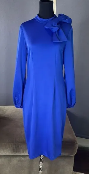 Women’s Blue Long Sleeve Midi Pencil Dress with Bow Detail Size M NEW thumbnail 1