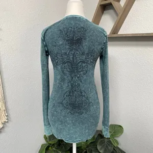 American Age Blue Green Long Sleeve Henley Top Fleur De Lis Y2k Grunge Fairy Alt thumbnail 4