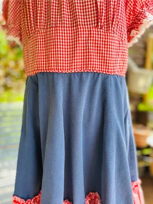 Handmade VINTAGE SQUARE DANCE PRAIRIE DRESS RED GINGHAM CHECKERED w DENIM Size 12/14 thumbnail 4