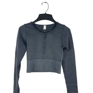 OFFLINE Aerie XS Main Squeeze Waffle Crop Top Gray Henley Long Sleeve Thumbholes thumbnail 2