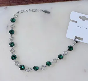14K Gold Plated XP Womens Bracelet Green Crystal‎ Tennis Silver Adjustable Link thumbnail 1