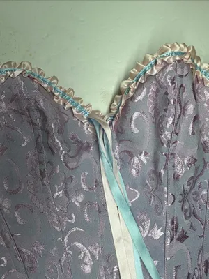 Lavender Floral Brocade Corset Pastel pink blue Ribbon Trim M costume party sexy thumbnail 2