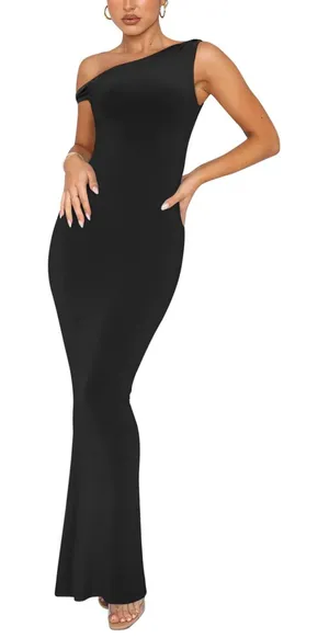 NWT REORIA Womens One Shoulder Formal Maxi Dress Black Ribbed Bodycon XS thumbnail 1