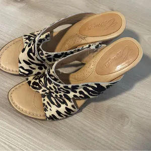 Crown by Born Leopard Print Calf Hair Cork Wedge‎ Sandal 8M Tan Black N22016 thumbnail 6