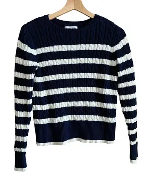 Lands' End blue white striped pullover cable knit sweater women's XS 100% cotton thumbnail 1