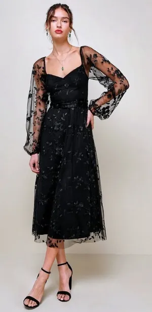 NWT Lulus Darling Charisma Black Mesh Embroidered Midi Dress S thumbnail 1
