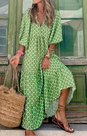 Amazon block print kelly green maxi dress midi puff sleeve tiered ruffle thumbnail 1