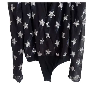 Buddy Love Black Silver Sequin Star Long Sleeve Wrap Bodysuit Womens Medium thumbnail 4