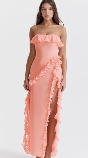 House of CB Sarina Peach Ruffle maxi Dress size large thumbnail 3